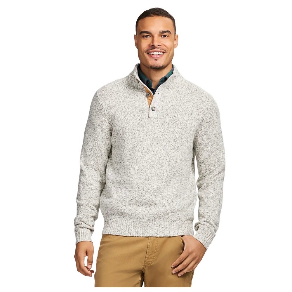 IZOD marled button mock-neck sweater textured gray knit tan button placket LT